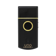 “Black Uno single-foil shaver with gold titanium foil and protective cap.”