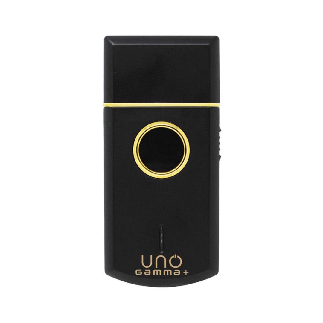 “Black Uno single-foil shaver with gold titanium foil and protective cap.”