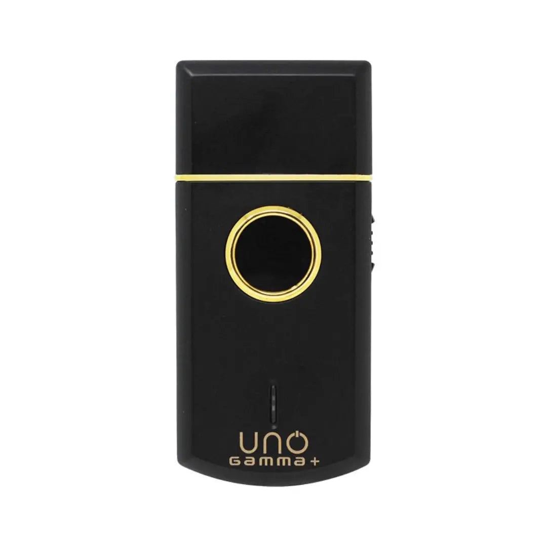 “Black Uno single-foil shaver with gold titanium foil and protective cap.”