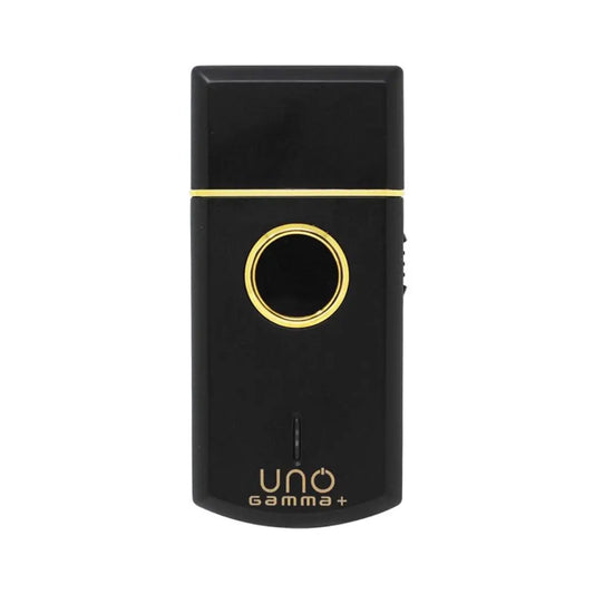 “Black Uno single-foil shaver with gold titanium foil and protective cap.”