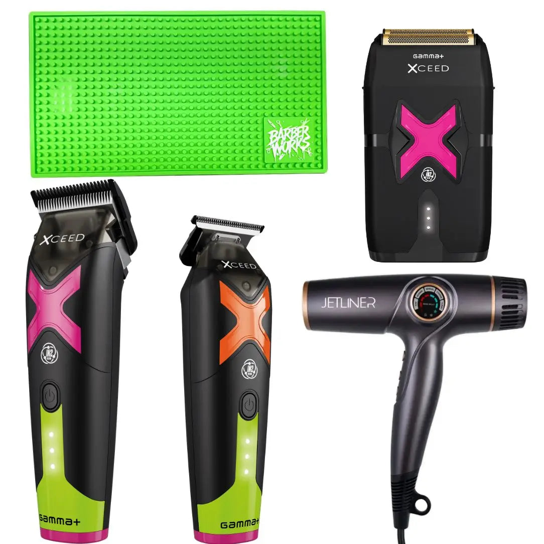 Limited Bundle: JetLiner Dryer + Gamma+ XCeed Clipper, Trimmer & Shaver + Barber Works Station Mat - BUYBARBER.COM