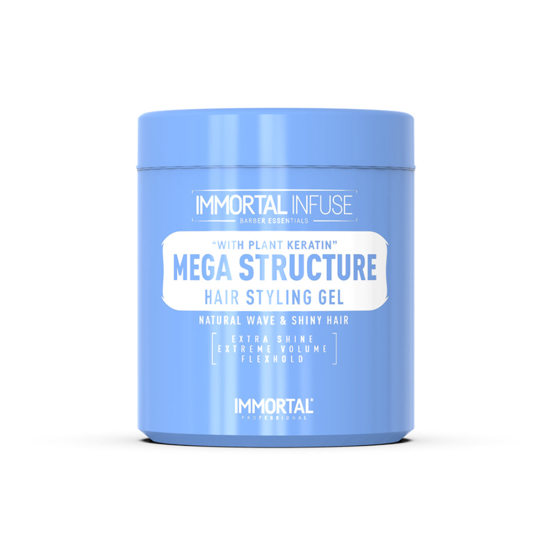 “Before-and-after comparison showing defined style with no flakes using Mega Structure Gel.”