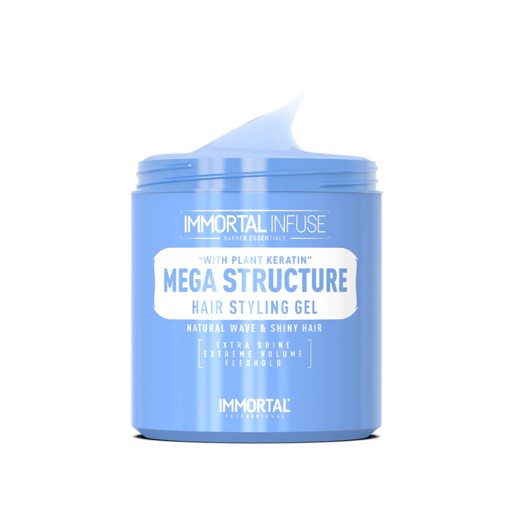 “Model sculpting spiked hairstyle using Mega Structure Gel for strong hold and natural shine.”