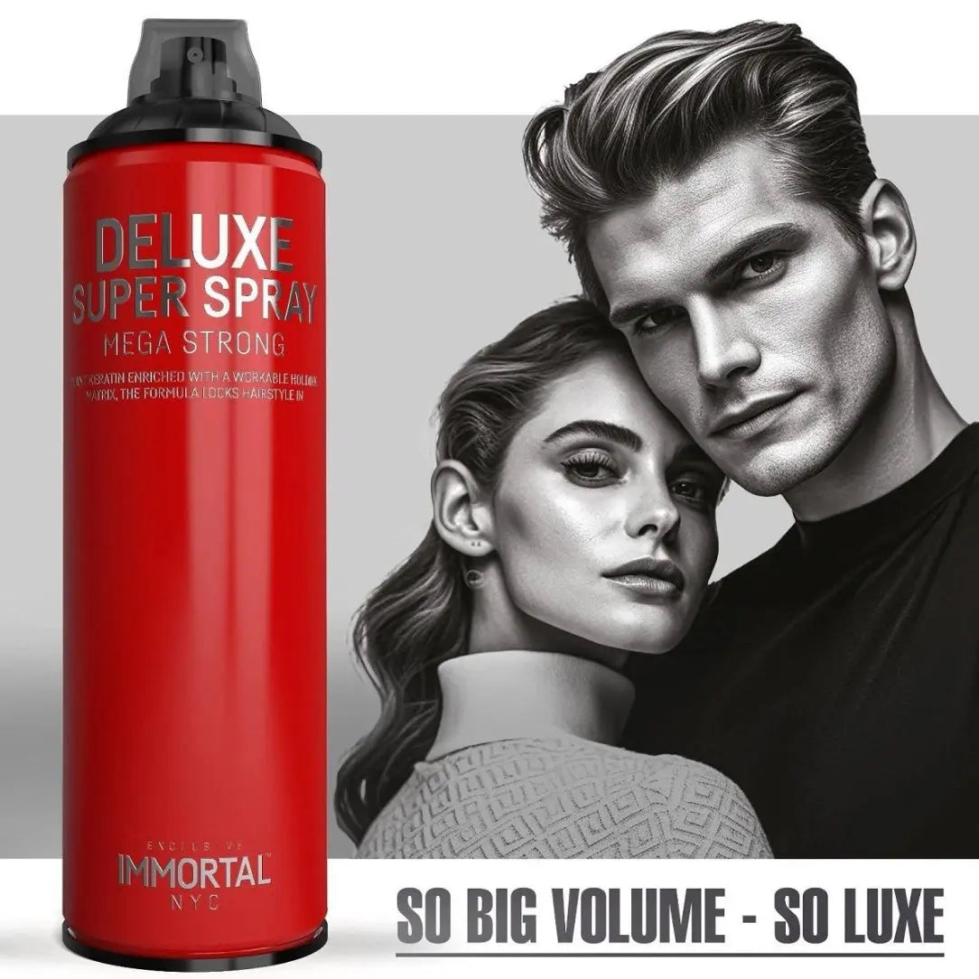 Immortal NYC Red 'Deluxe Super Spray' can with a black and white portrait of a couple in the background.