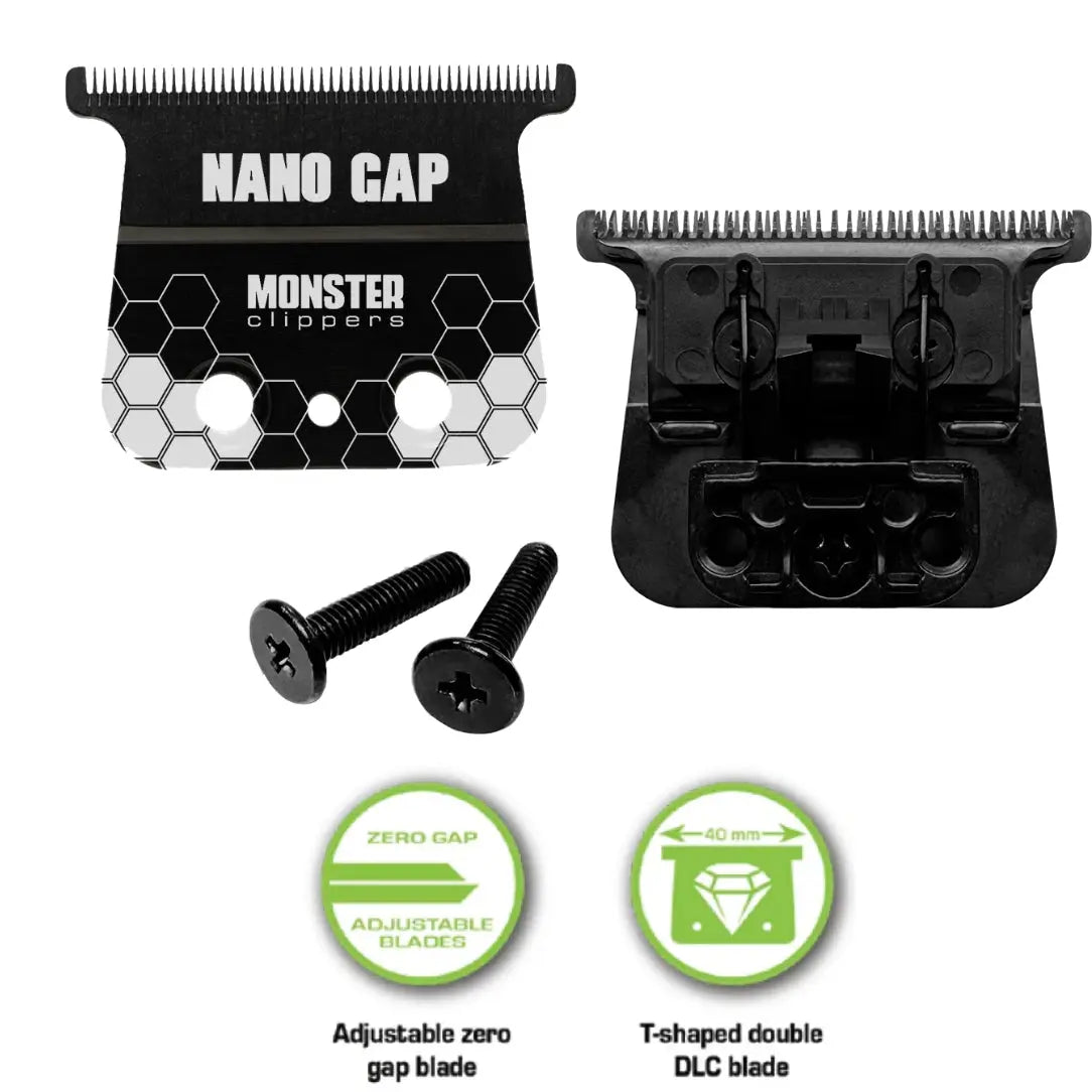 Monster Clippers Nano Gap hair trimmer with adjustable zero gap blade and T-shaped double DLC blade on a white background.