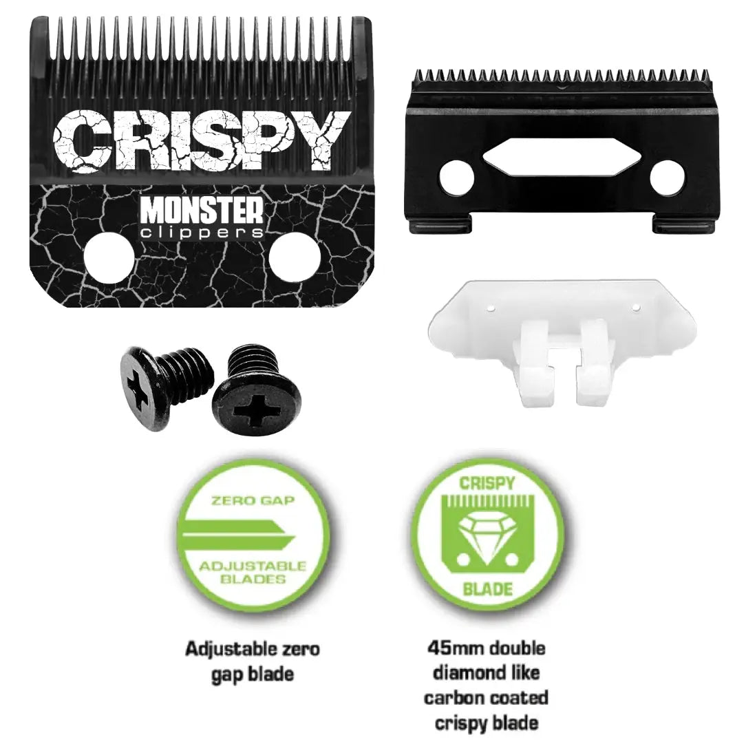 Monster Clippers Crispy grooming tool set with comb, blade, and screws on a white background