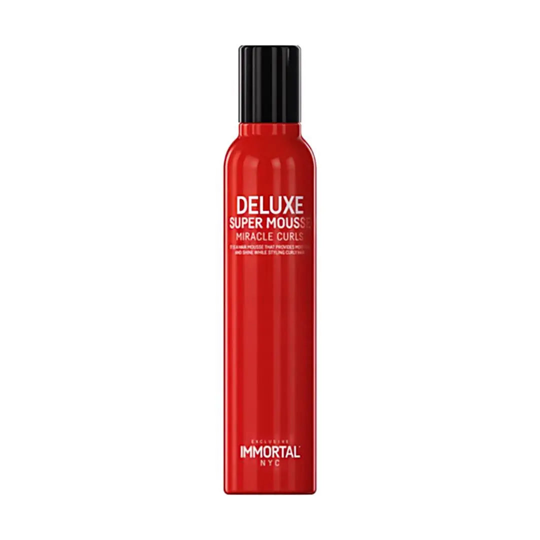 “Close-up of Immortal Deluxe Super Mousse, emphasizing flexible hold and shine”