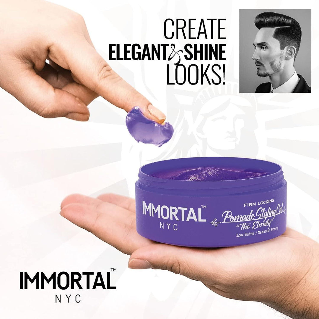 “Hand scooping The Eternity Pomade Gel, highlighting its perfume-infused formula.”