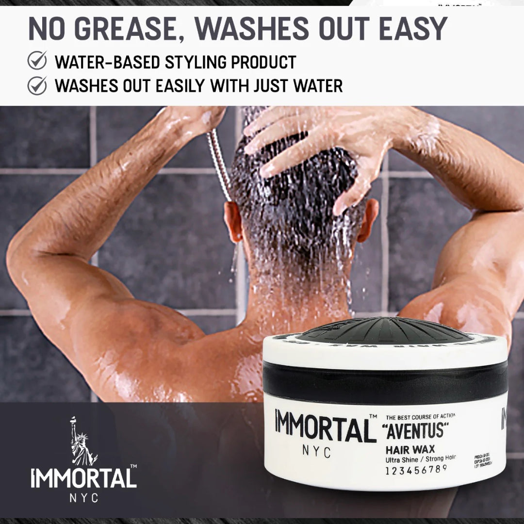 “Model applying Aventus Hair Wax to a slicked-back hairstyle with high shine.”