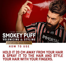 Person using Smokey Puff volumizing and styling hair powder with text on a red background