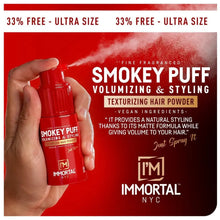 Red Smokey Puff hair powder bottle held by a hand with promotional text on a red background.