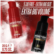 Two bottles of Immortal Smokey Puff hair product with promotional text on a red and white background.