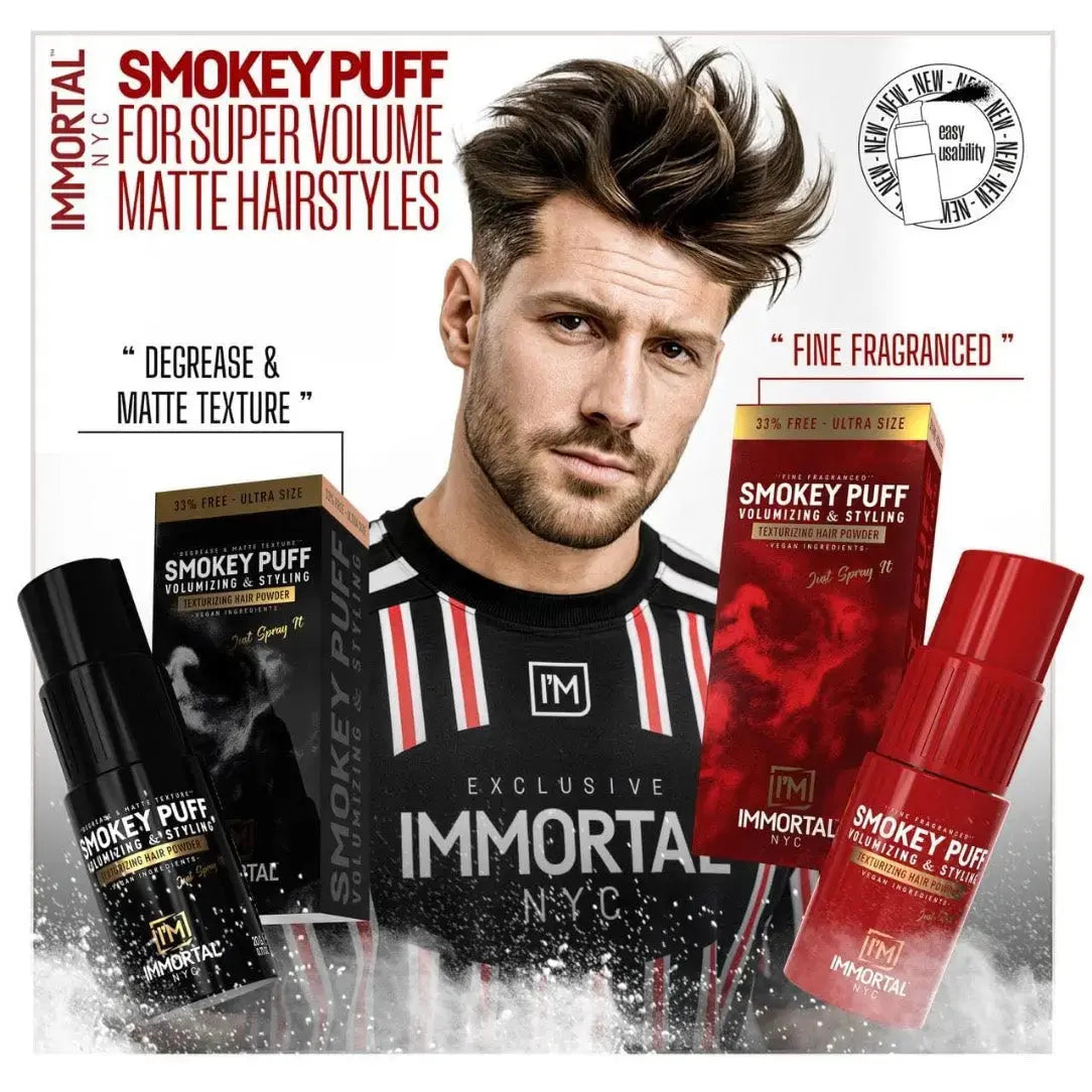 Promotional image of Smokey Puff hair products with a man modeling hairstyles.