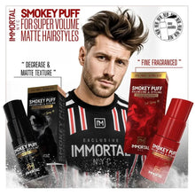 Promotional image of Smokey Puff hair products with a man modeling hairstyles.