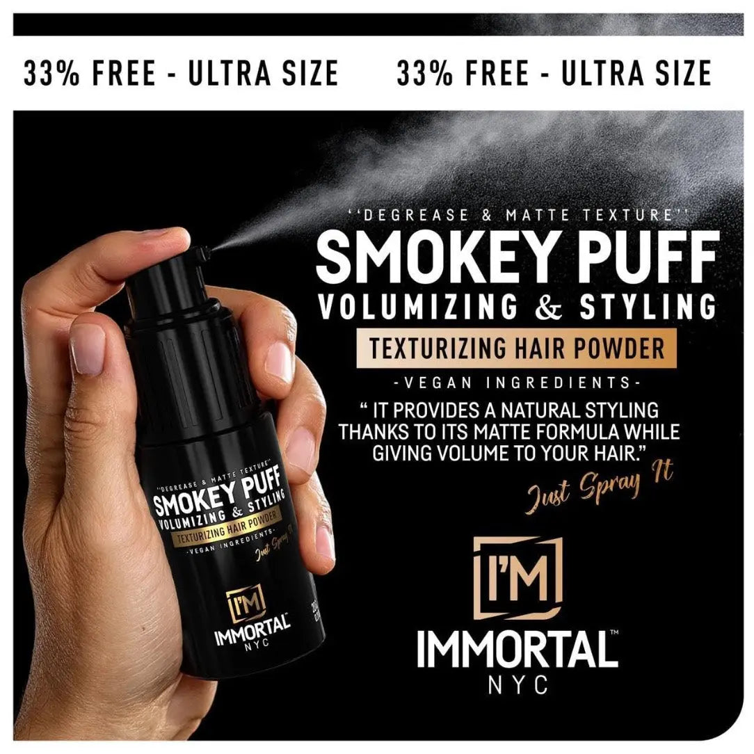Hand holding a bottle of Smokey Puff volumizing and styling hair powder with product packaging in the background.
