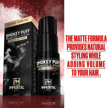 Smokey Puff volumizing and styling hair powder with packaging and promotional text on a red and white background.