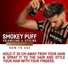 Person using Smokey Puff volumizing and styling hair powder with text on a red background