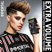 Model holding Immortal NYC hair product with promotional text on a gray background