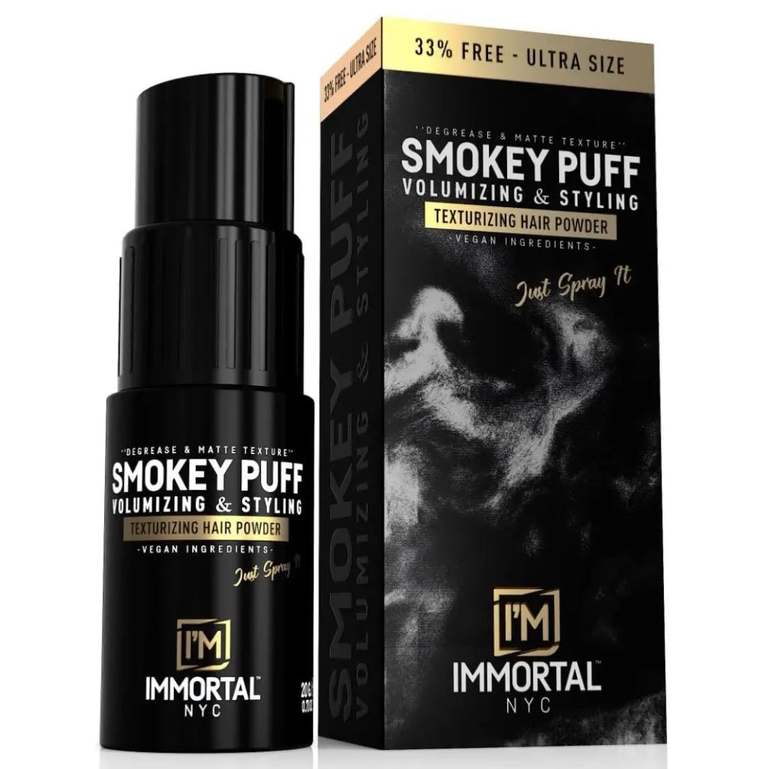 Smokey Puff volumizing and styling hair powder by Immortal NYC with packaging.