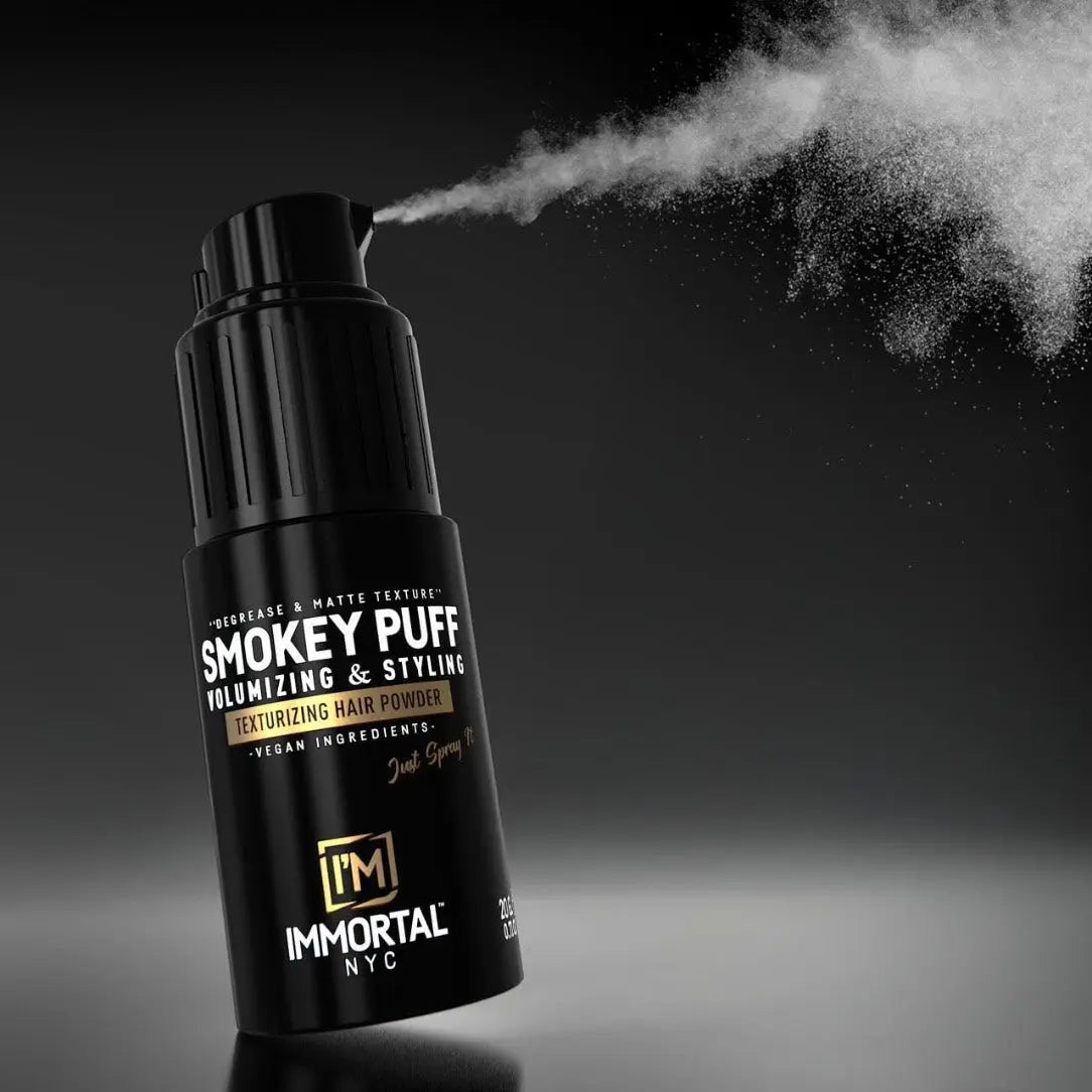 Immortal NYC Smokey Puff volumizing and styling hair powder on a dark background