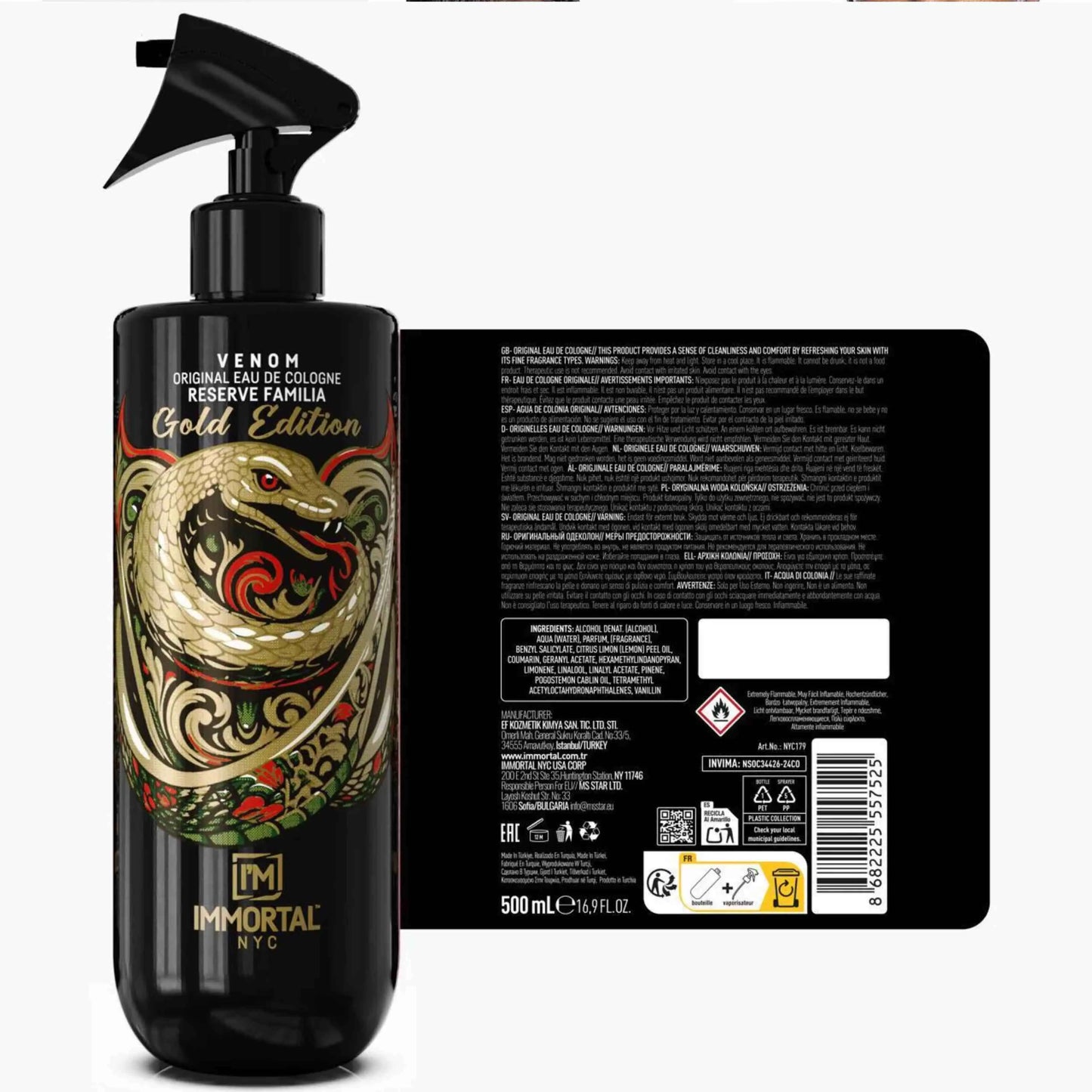 Black bottle of Venom Original Eau de Cologne Reserve Familia Gold Edition with snake design on label.
