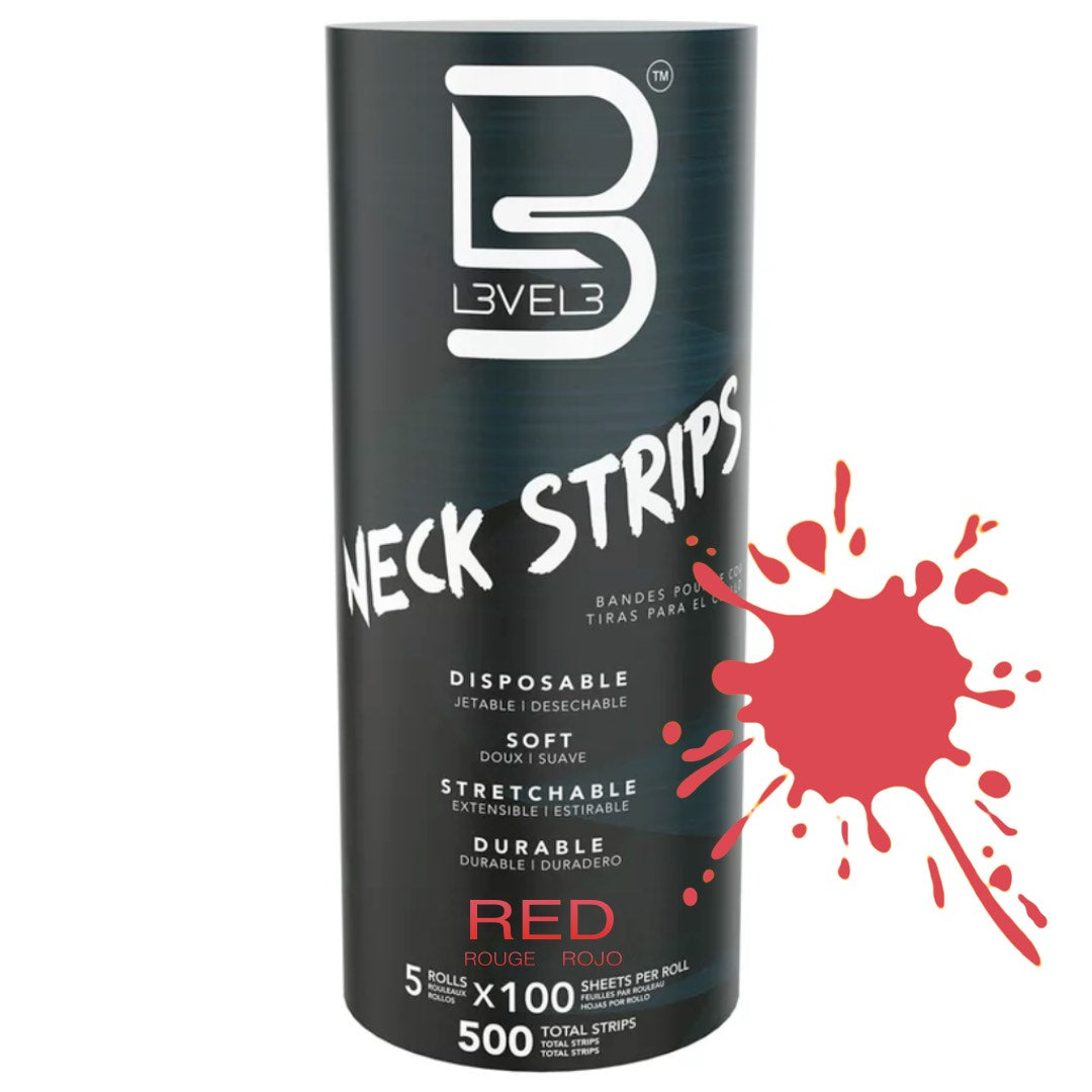 Black container of Level3 Neck Strips with red splash on a white background