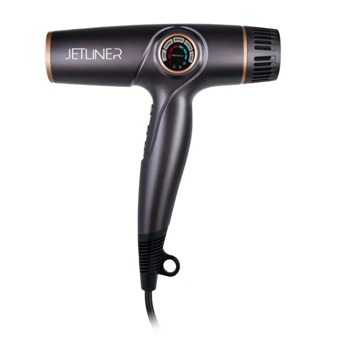 Black hair dryer with 'Jetliner' branding on a white background