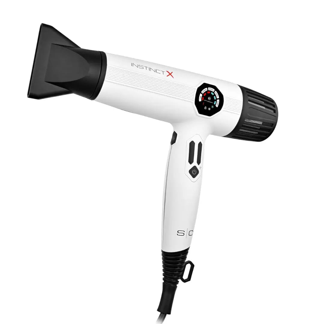 “Close‑up of Instinct X ionic hair dryer digital screen showing heat and speed settings”