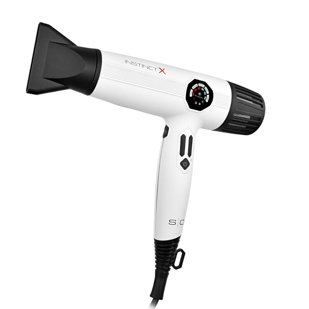 “Close‑up of Instinct X ionic hair dryer digital screen showing heat and speed settings”