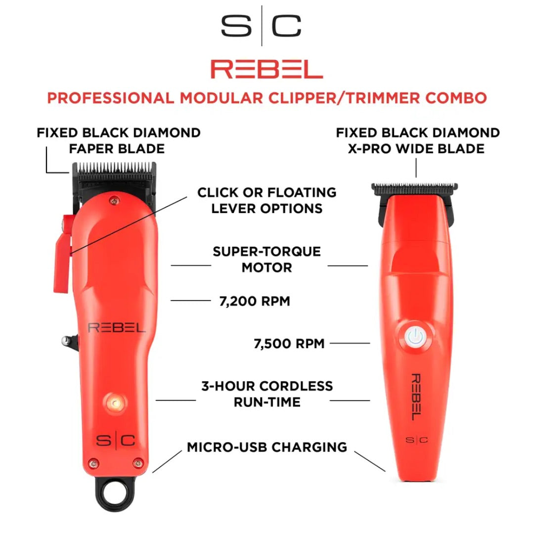 “Rebel cordless clipper and trimmer set on charging stands with magnetic guards.”