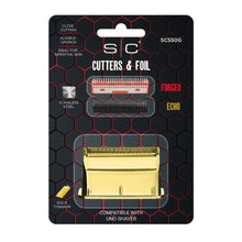Packaging of SC cutters and foil with gold shaver head on a black background