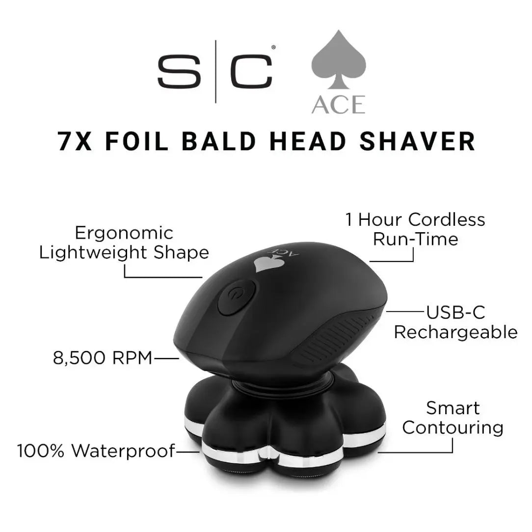 Black bald head shaver with features listed on a white background