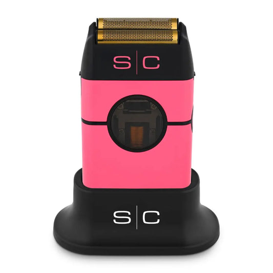 A pink Instinct Metal Shaver with a double foil design, branded with the letters 'S/C' on the side, displayed on a black background.
