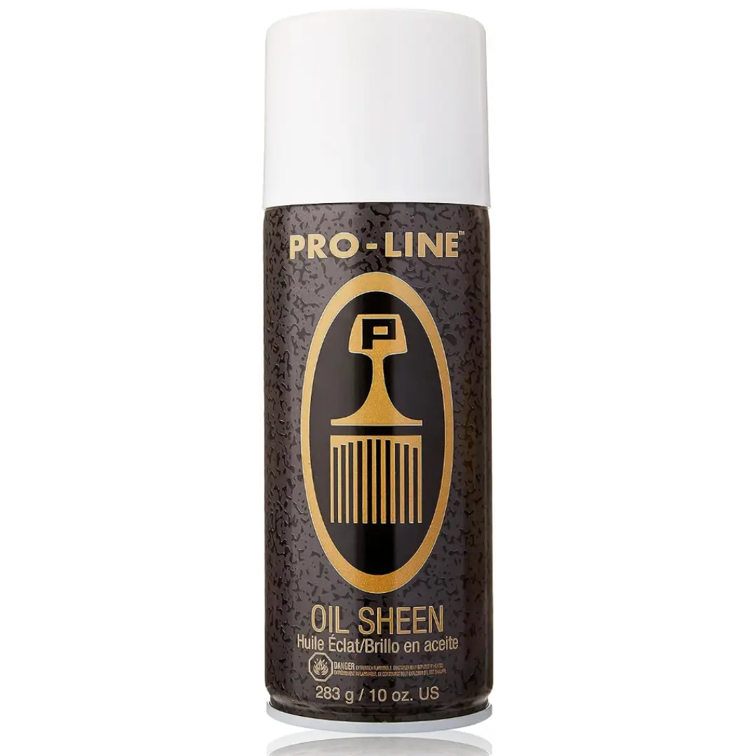 A sleek aerosol can of Pro-Line Oil Sheen with a radiant glow illustrating the product's shine effect on hair.