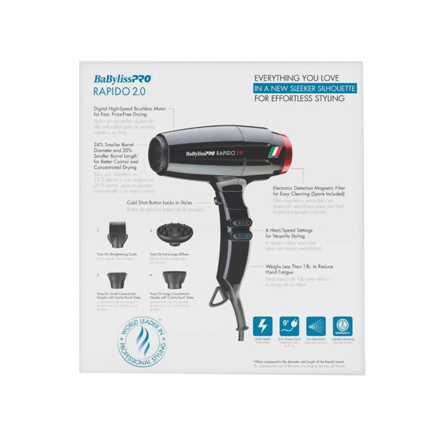 Babyliss Pro Rapido 2.0 hair dryer packaging on a white background