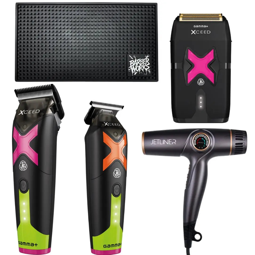 Limited Bundle: JetLiner Dryer + Gamma+ XCeed Clipper, Trimmer & Shaver + Barber Works Station Mat - BUYBARBER.COM