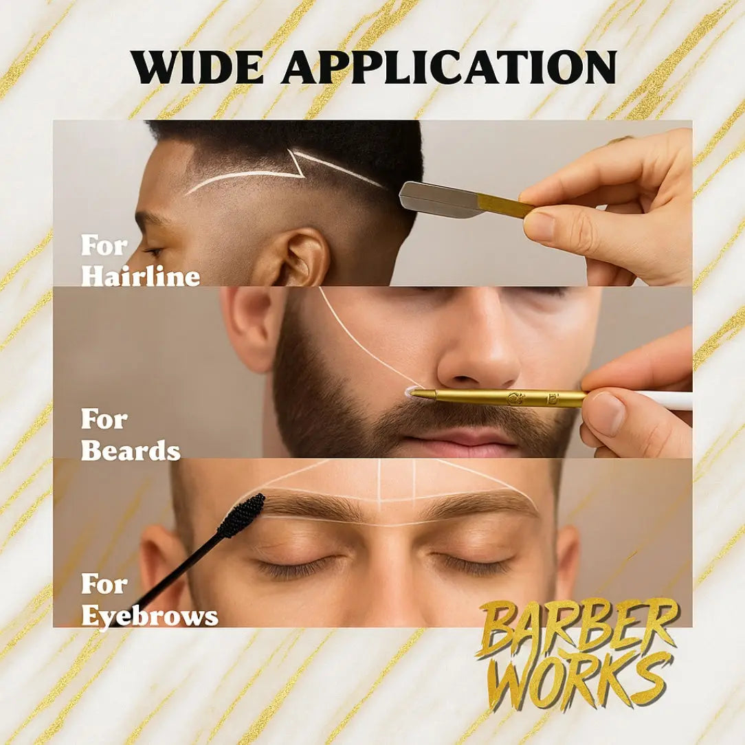 Barber Works line-up pencil Product demonstration for hairline, beard, and eyebrow grooming with 'Barber Works' branding.