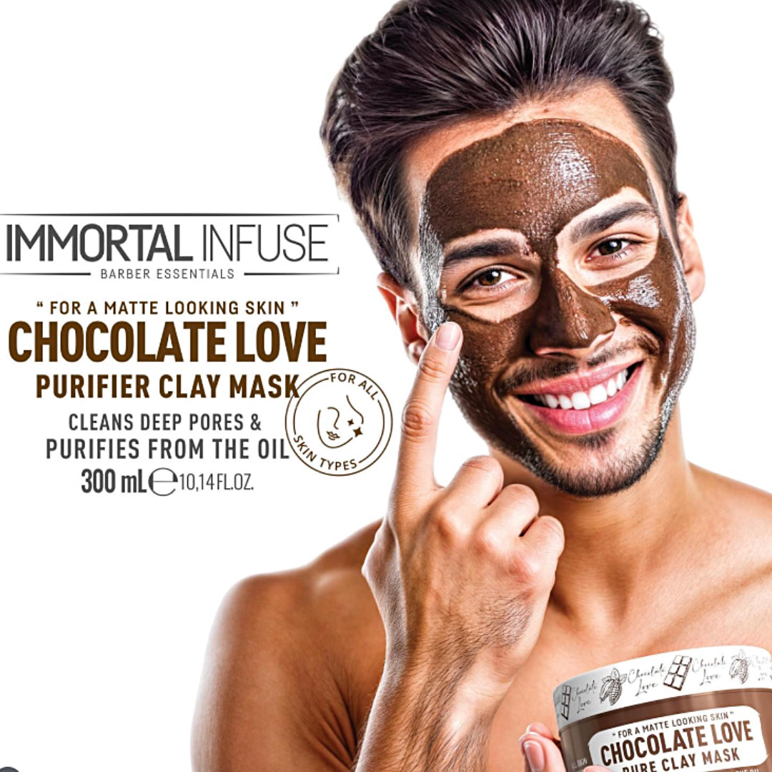 “Woman gently massaging Chocolate Love Purifier Clay Mask onto damp skin in circular motions.”