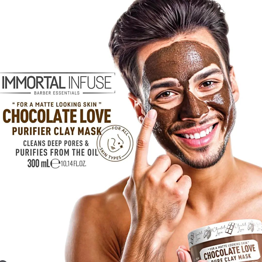 “Woman gently massaging Chocolate Love Purifier Clay Mask onto damp skin in circular motions.”