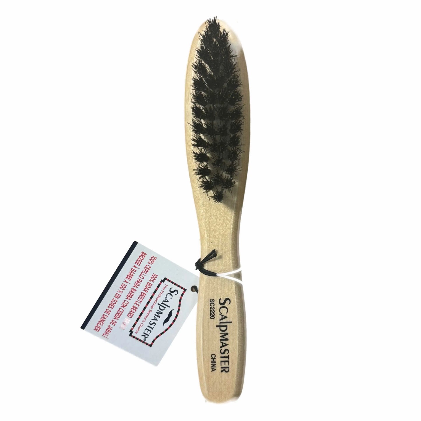 Scalpmaster Boar Bristle Beard Brush 4 Row #SC2220 Wooden brush with bristles and Scalpmaster tag on a white background