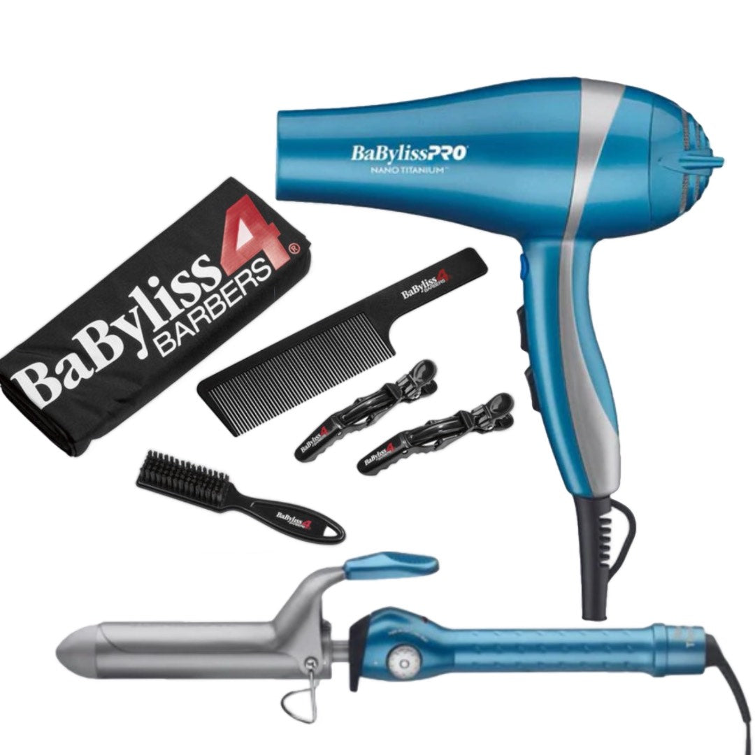 BaBylissPRO Nano Titanium Dryer + Curling Iron & Essential Kit | Complete Styling Bundle