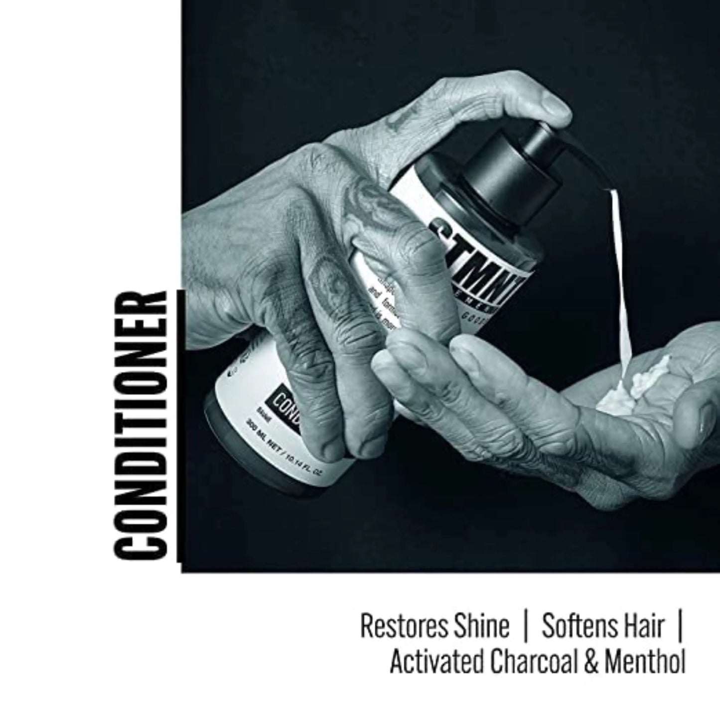 Two hands holding a bottle of conditioner with text highlighting its benefits.