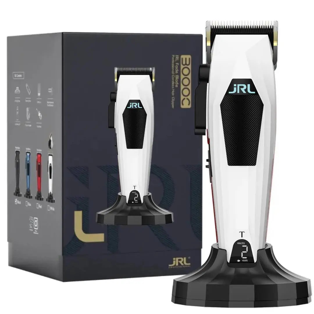 Hair trimmer with packaging and JRL branding on a white background