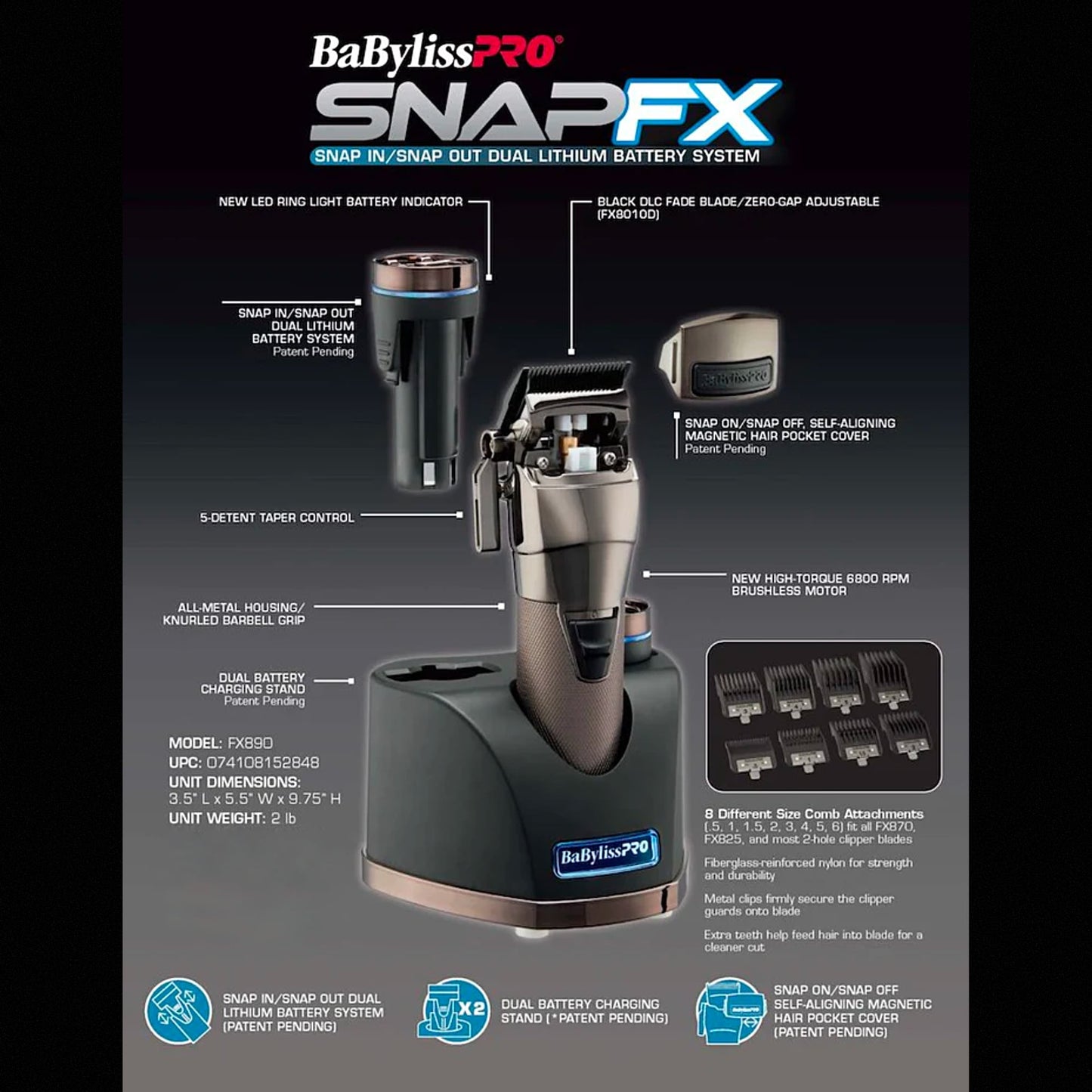 BaBylissPRO® SNAPFX Clipper With Snap In/Out Dual Lithium Battery System