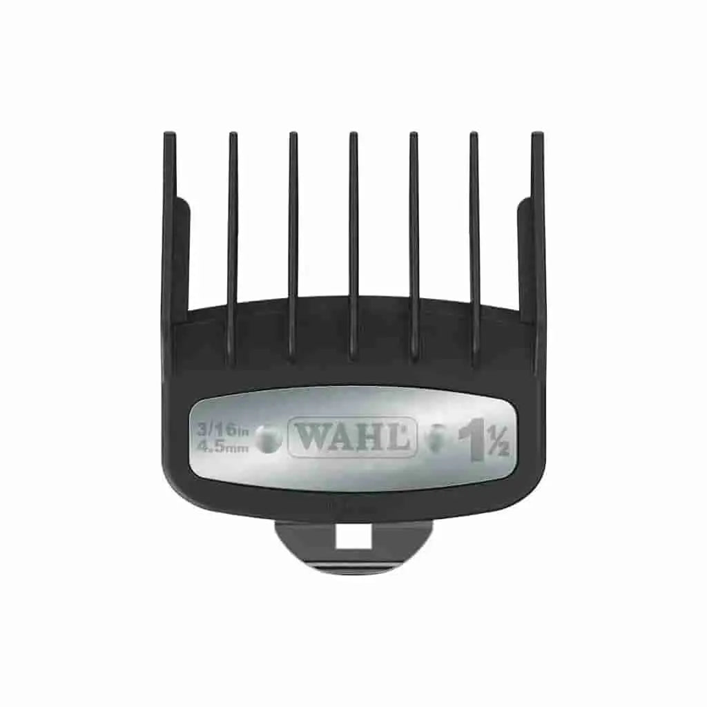 “Wahl premium 3/16 inch (#1½) clipper guard with metal retention spring.”