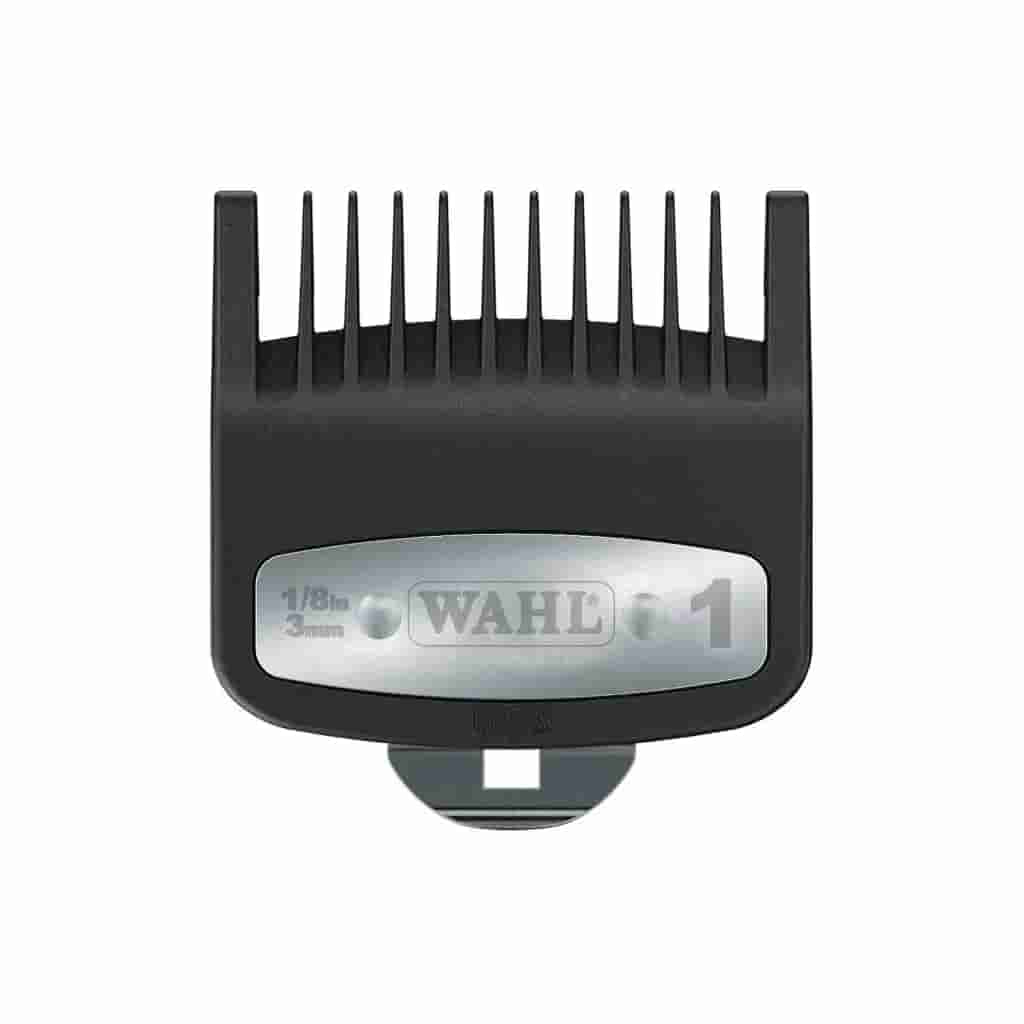 “Wahl premium 1/8 inch (#1) clipper guard with stainless retention clip.”