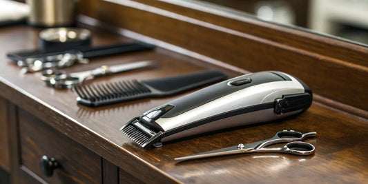 A selection of professional cordless hair clippers for barbers on a workstation.