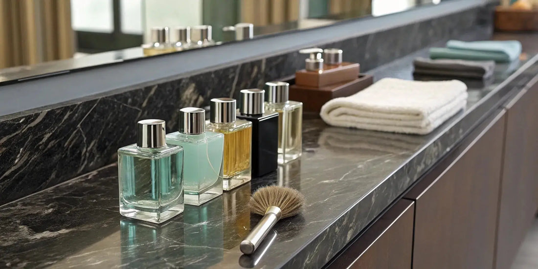 Bottles of the best after shave cologne for barbers on a marble countertop with towels and a brush.