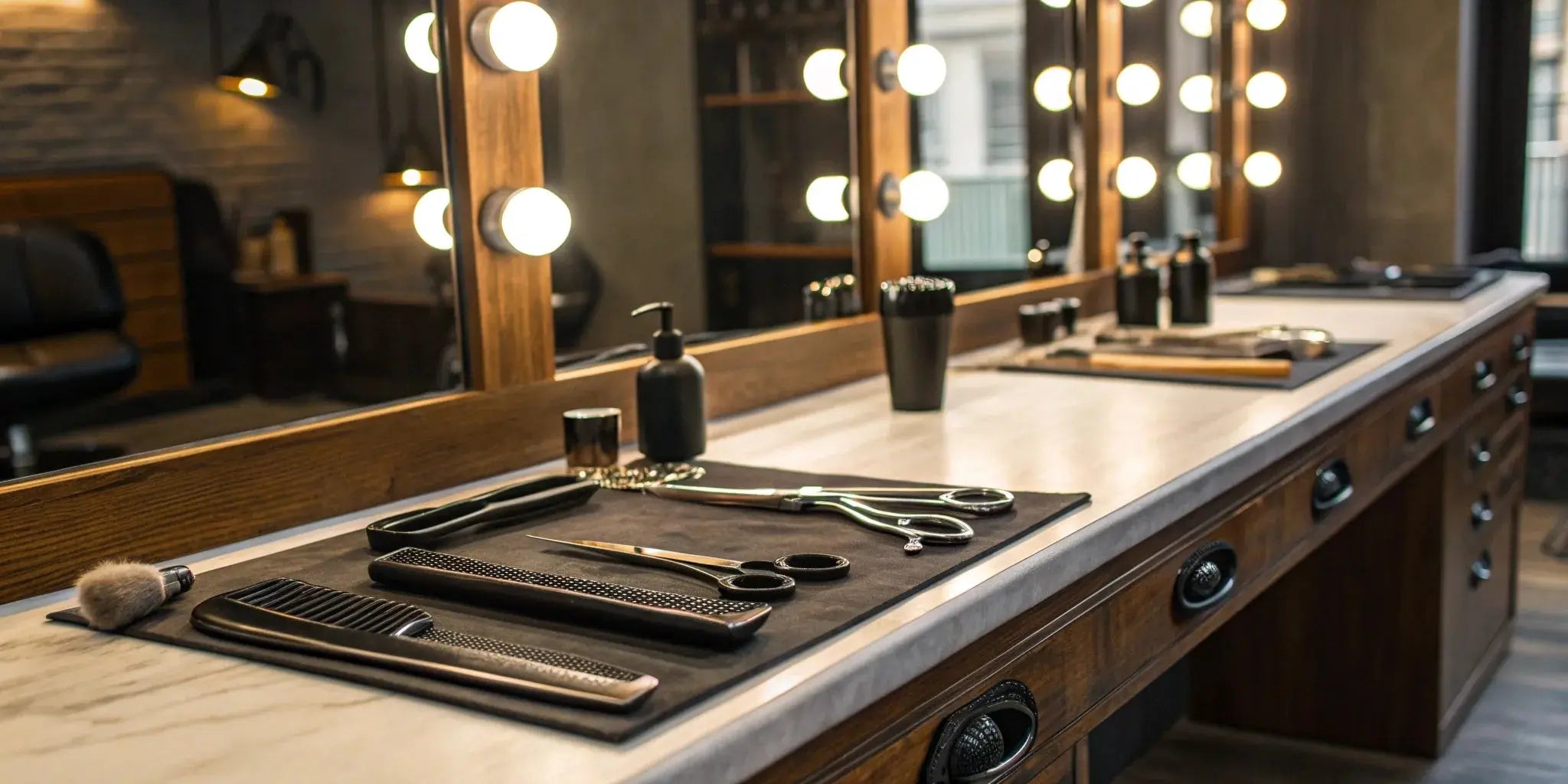 A professional assortment of barber supply tools including shears and combs from an online store.