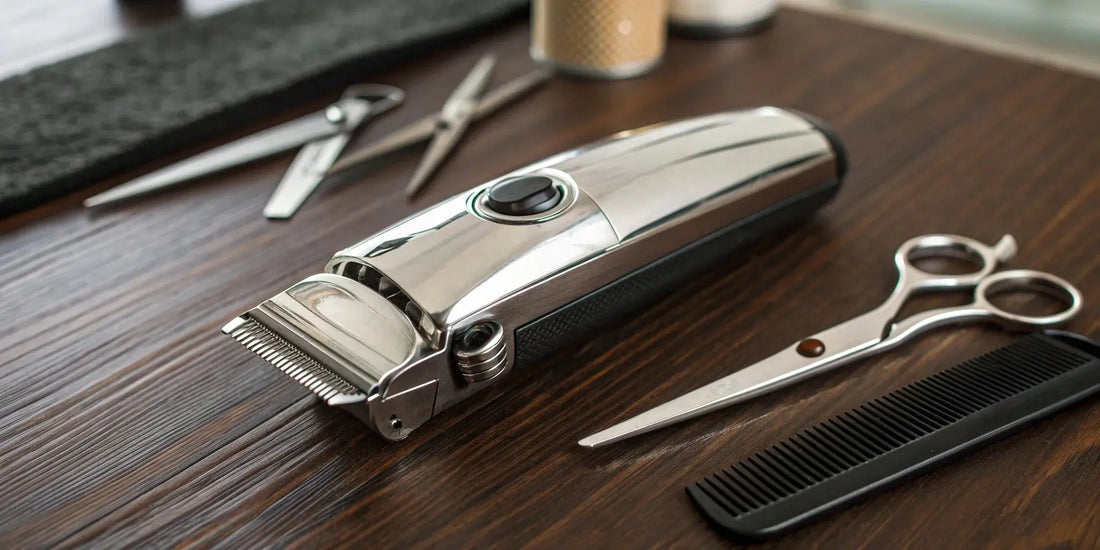 Professional heavy duty hair clippers and tools on a barber's workstation.